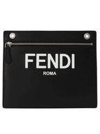 Fendi Logo Embossed Zipper Pocket Clutch Bag Black