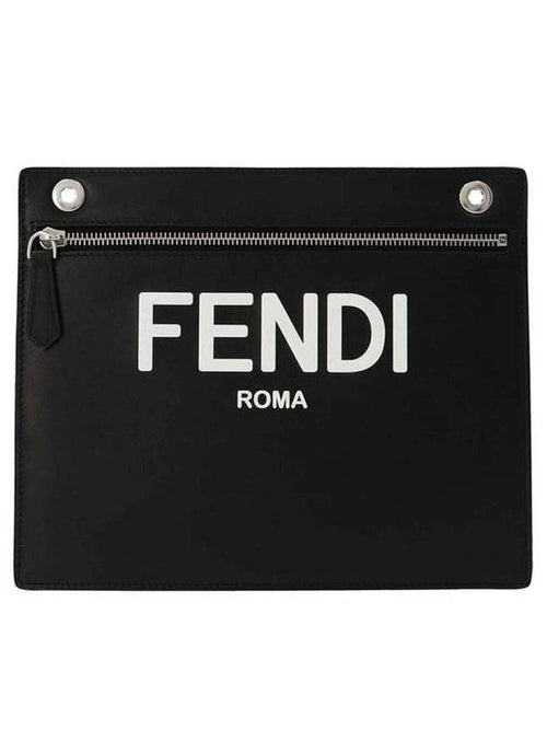 Fendi Logo Embossed Zipper Pocket Clutch Bag Black