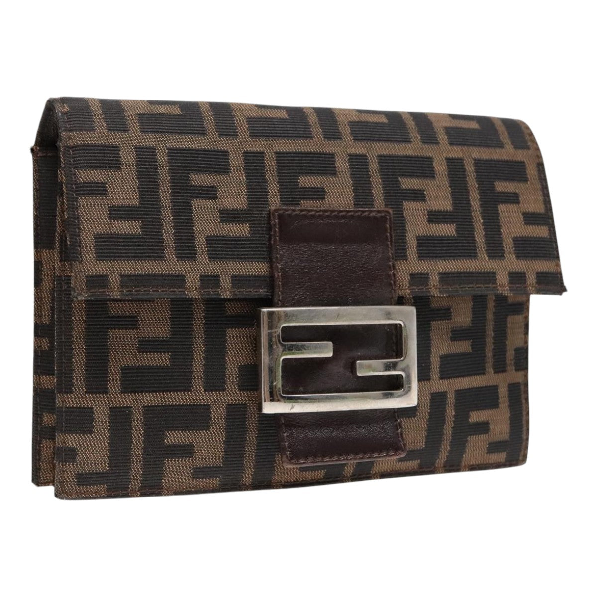 FENDI Zucca Canvas Clutch Bag Brown Black Silver91625