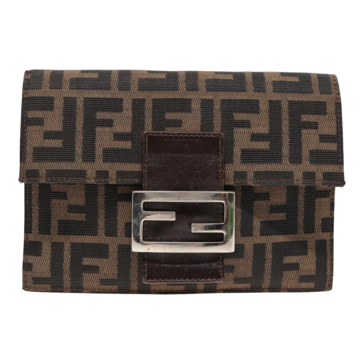 FENDI Zucca Canvas Clutch Bag Brown Black Silver91625