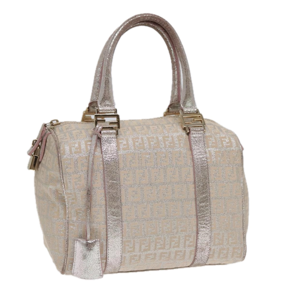 FENDI Zucchino Canvas Boston Bag Silver Beige91810