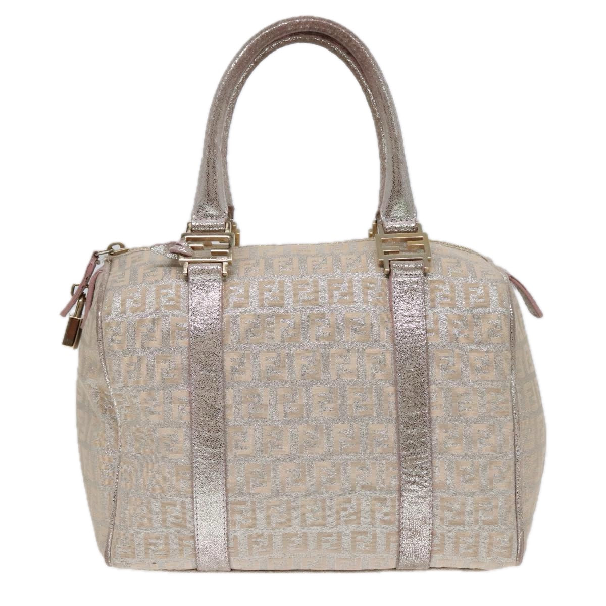 FENDI Zucchino Canvas Boston Bag Silver Beige91810