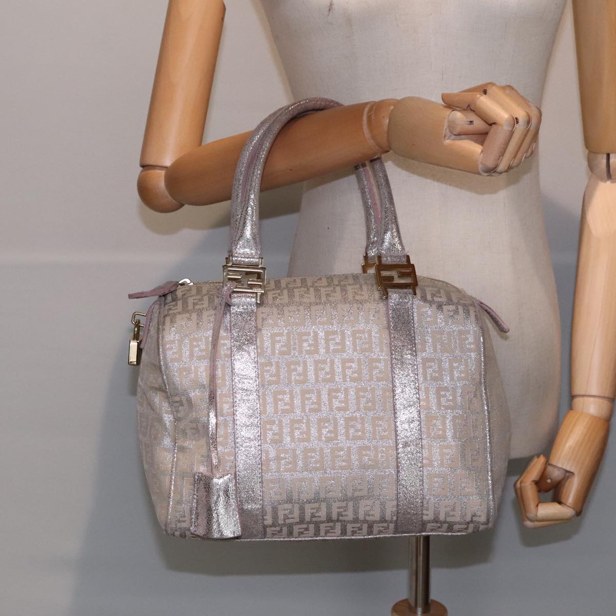 FENDI Zucchino Canvas Boston Bag Silver Beige91810