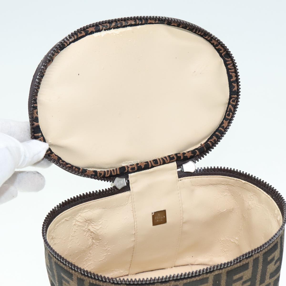 FENDI Zucca Canvas Vanity Hand Bag Brown Black Silver92279