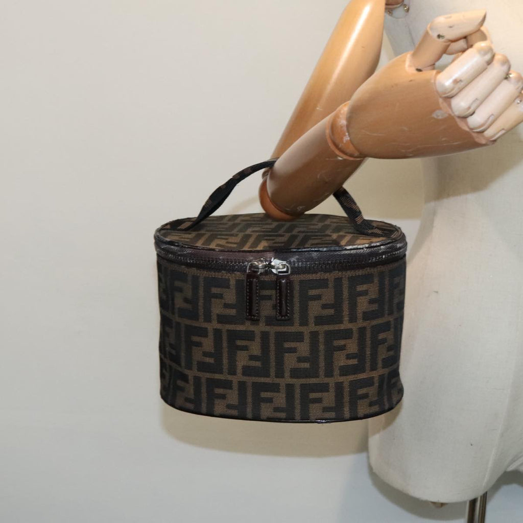 FENDI Zucca Canvas Vanity Hand Bag Brown Black Silver92279