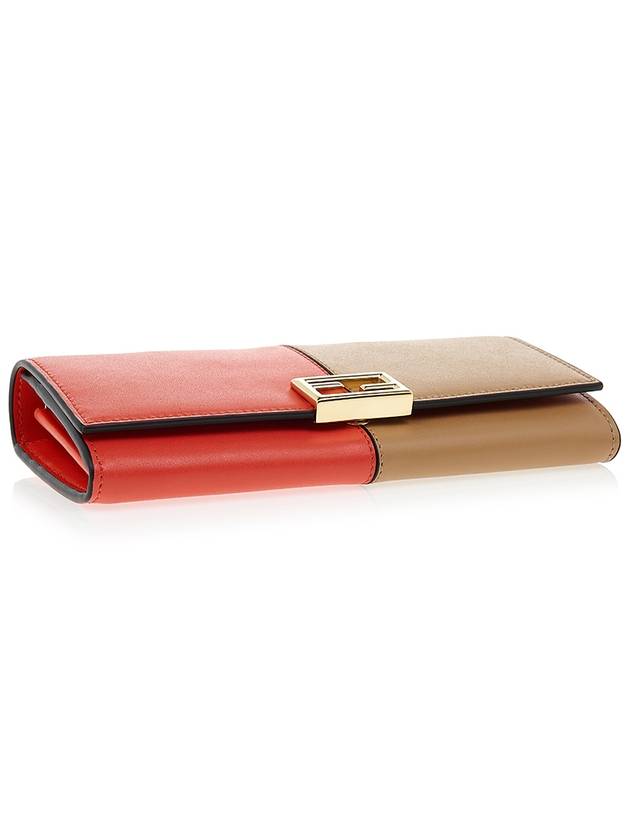 Fendi FF Continental Chain Leather Long Wallet Brown Red