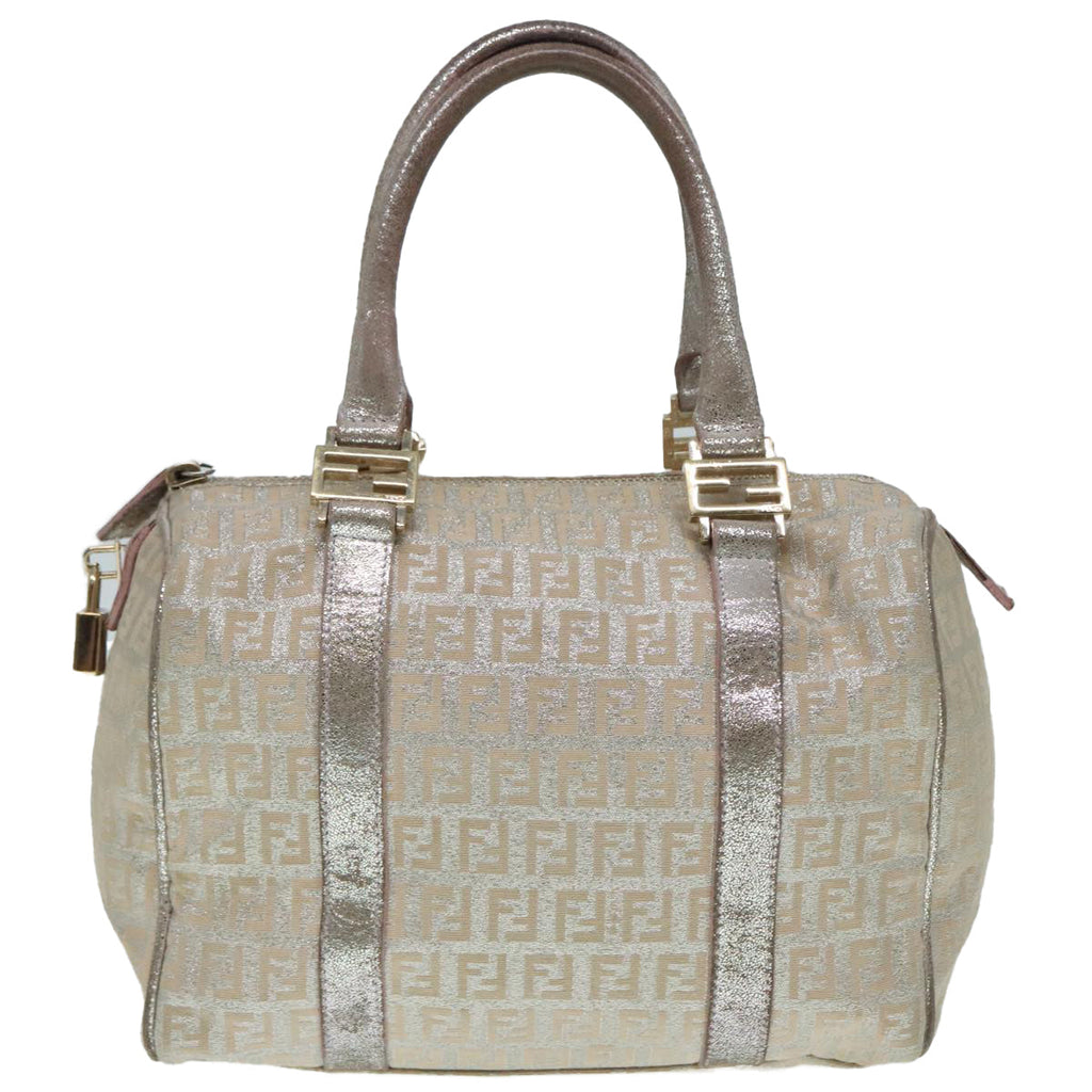 FENDI Zucchino Canvas Hand Bag Silver Beige Gold92437
