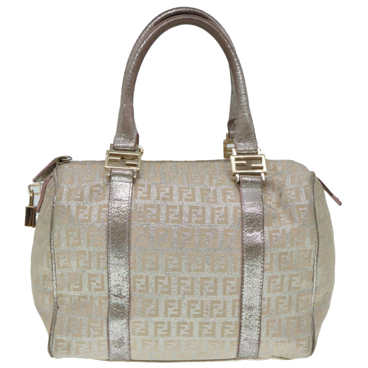 FENDI Zucchino Canvas Hand Bag Silver Beige Gold92437