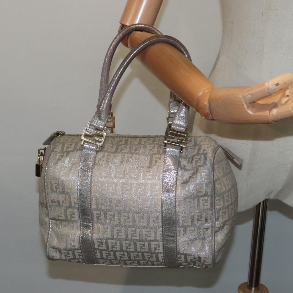 FENDI Zucchino Canvas Hand Bag Silver Beige Gold92437