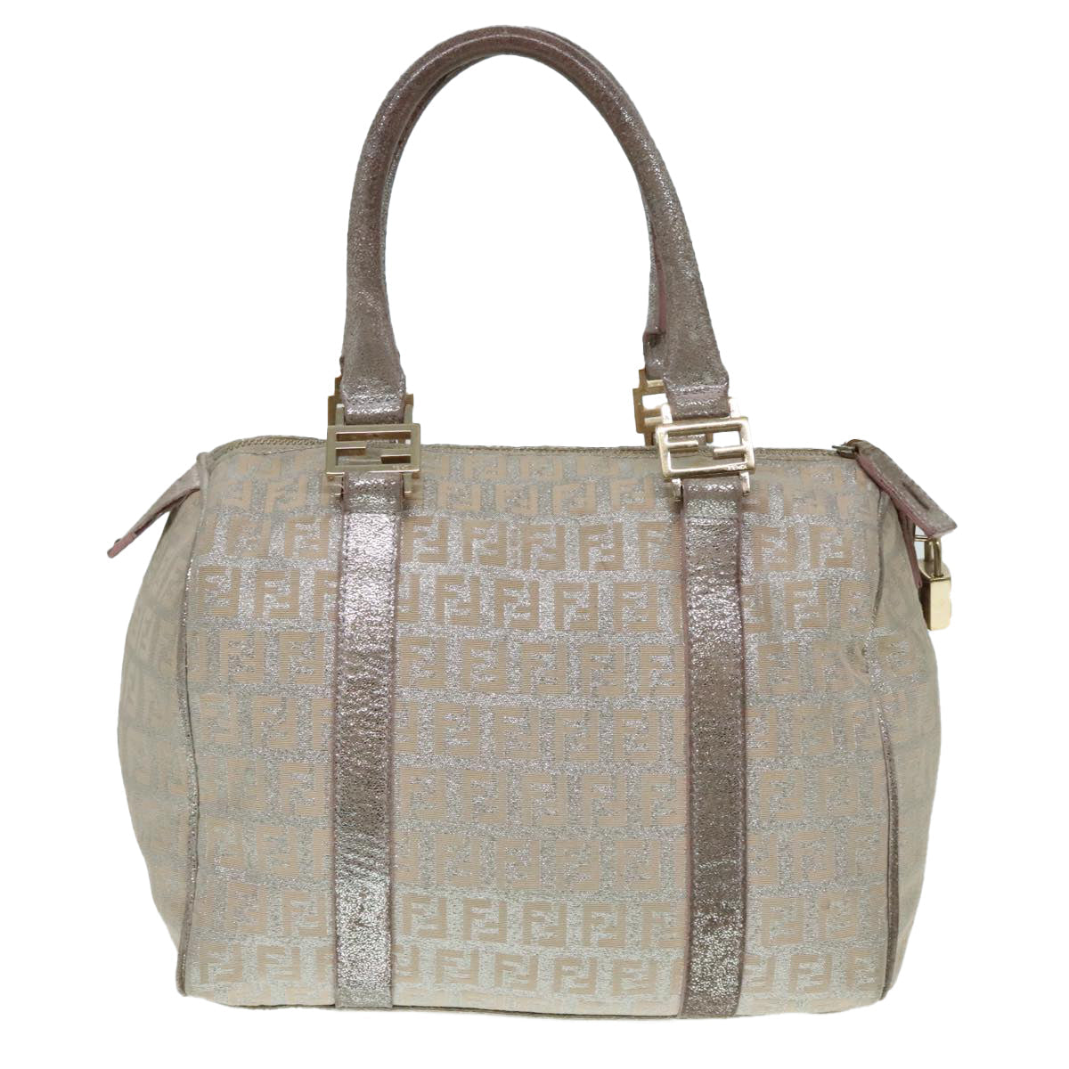 FENDI Zucchino Canvas Hand Bag Silver Beige Gold92437