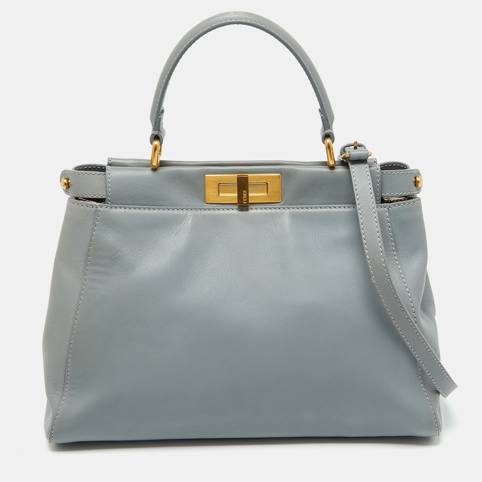 Fendi Light Grey Leather Medium Peekaboo Top Handle Bag