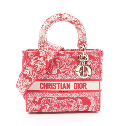 Dior Lady D-Lite Medium bag Embroidery Handbag Canvas Red Off white 2WAY