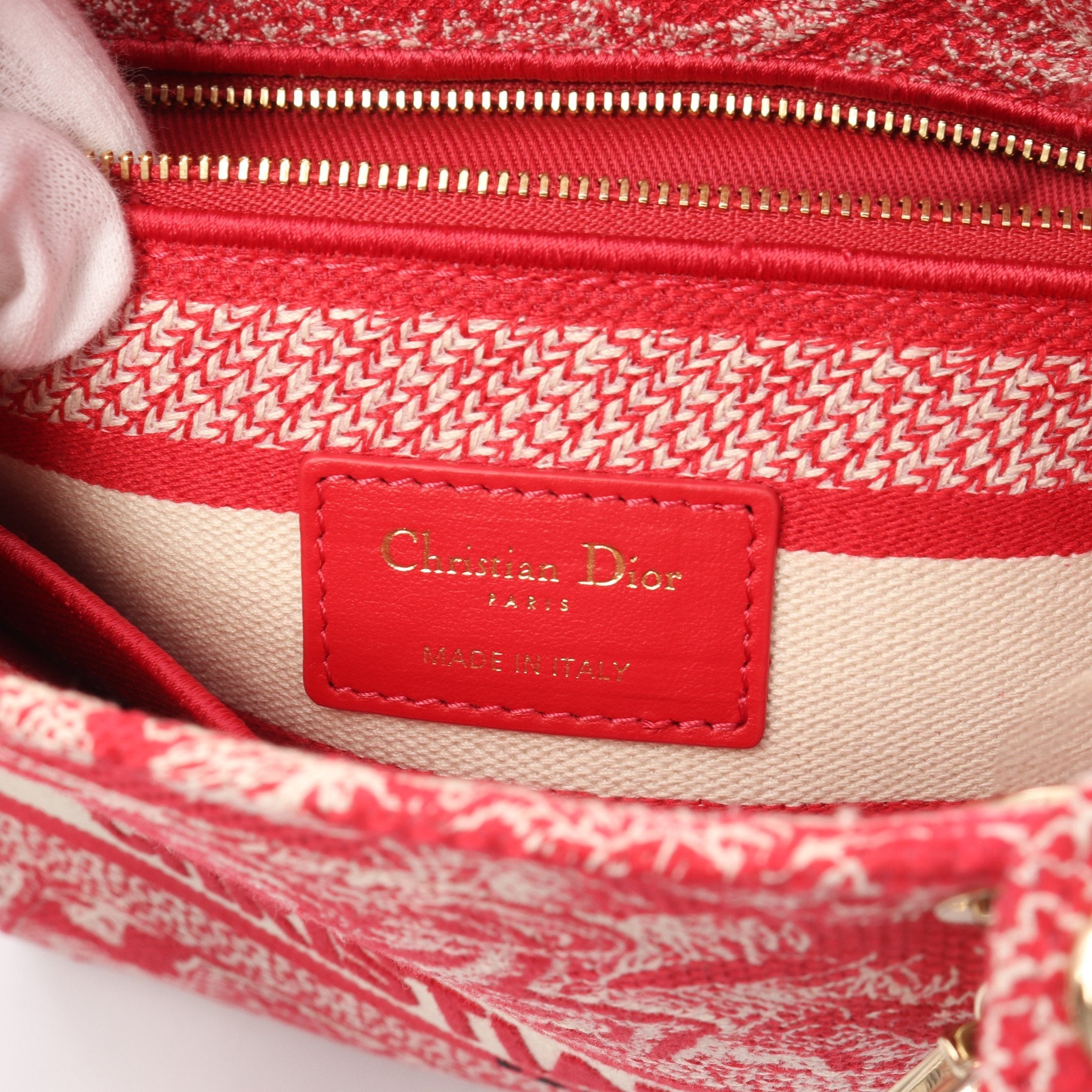 Dior Lady D-Lite Medium bag Embroidery Handbag Canvas Red Off white 2WAY