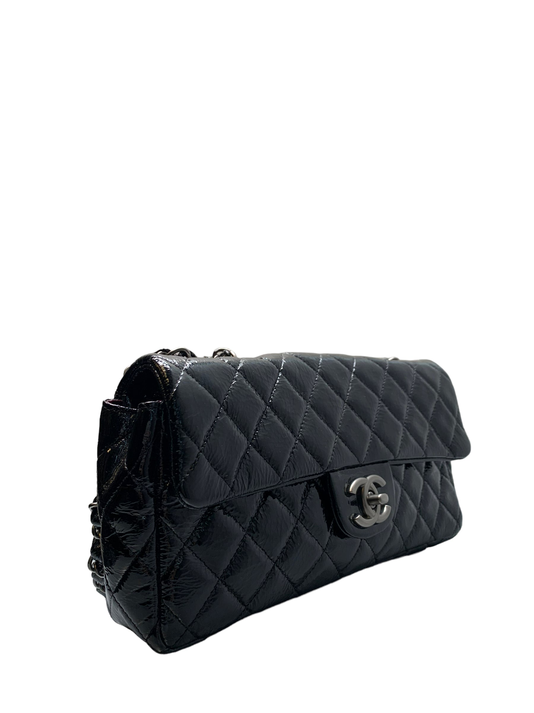 CHANEL- Black Patent Leather Quilted Medium Flap
