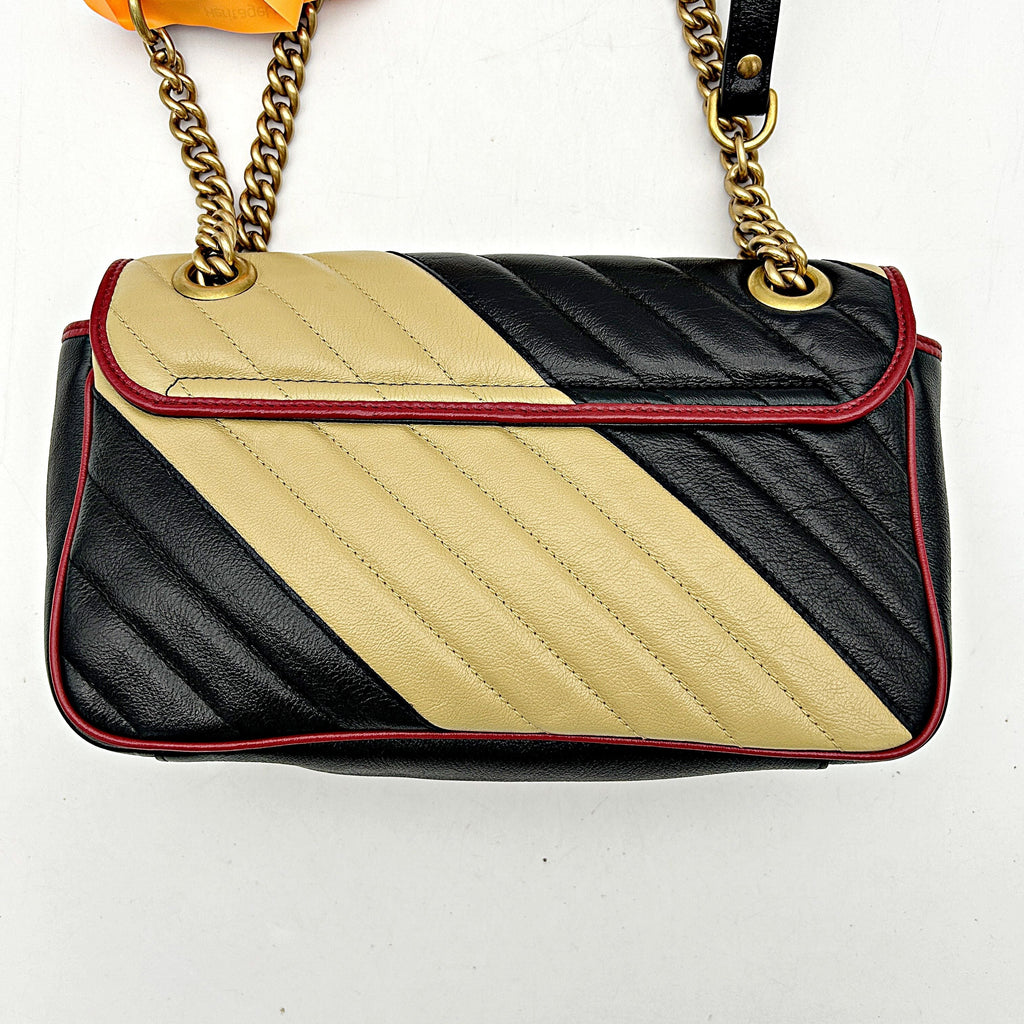 GUCCI Effect Calfskin Matelasse Diagonal Striped Small Torchon GG Marmont Shoulder Bag Black Beige 2505092221