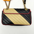 GUCCI Effect Calfskin Matelasse Diagonal Striped Small Torchon GG Marmont Shoulder Bag Black Beige 2505092221