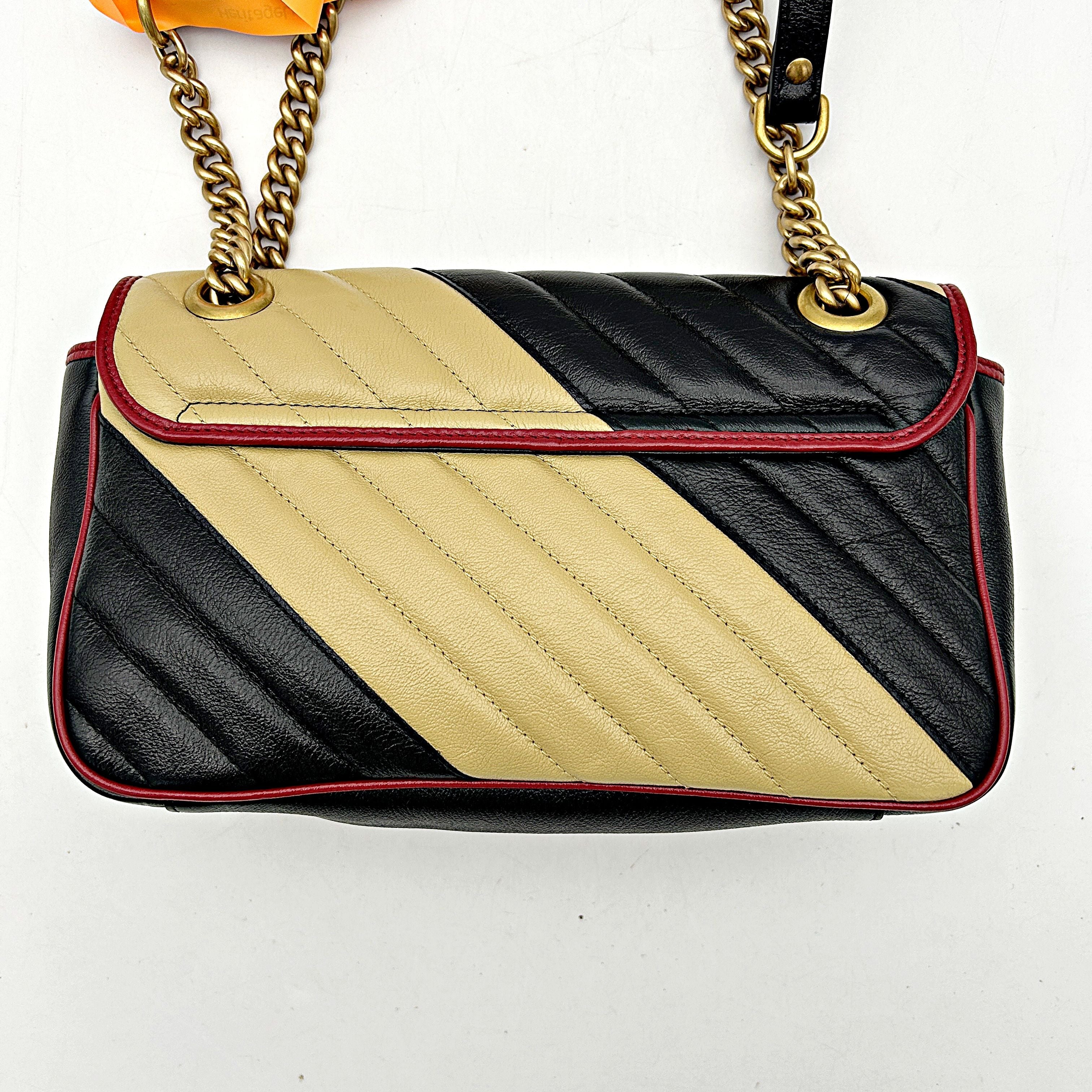 GUCCI Effect Calfskin Matelasse Diagonal Striped Small Torchon GG Marmont Shoulder Bag Black Beige 2505092221