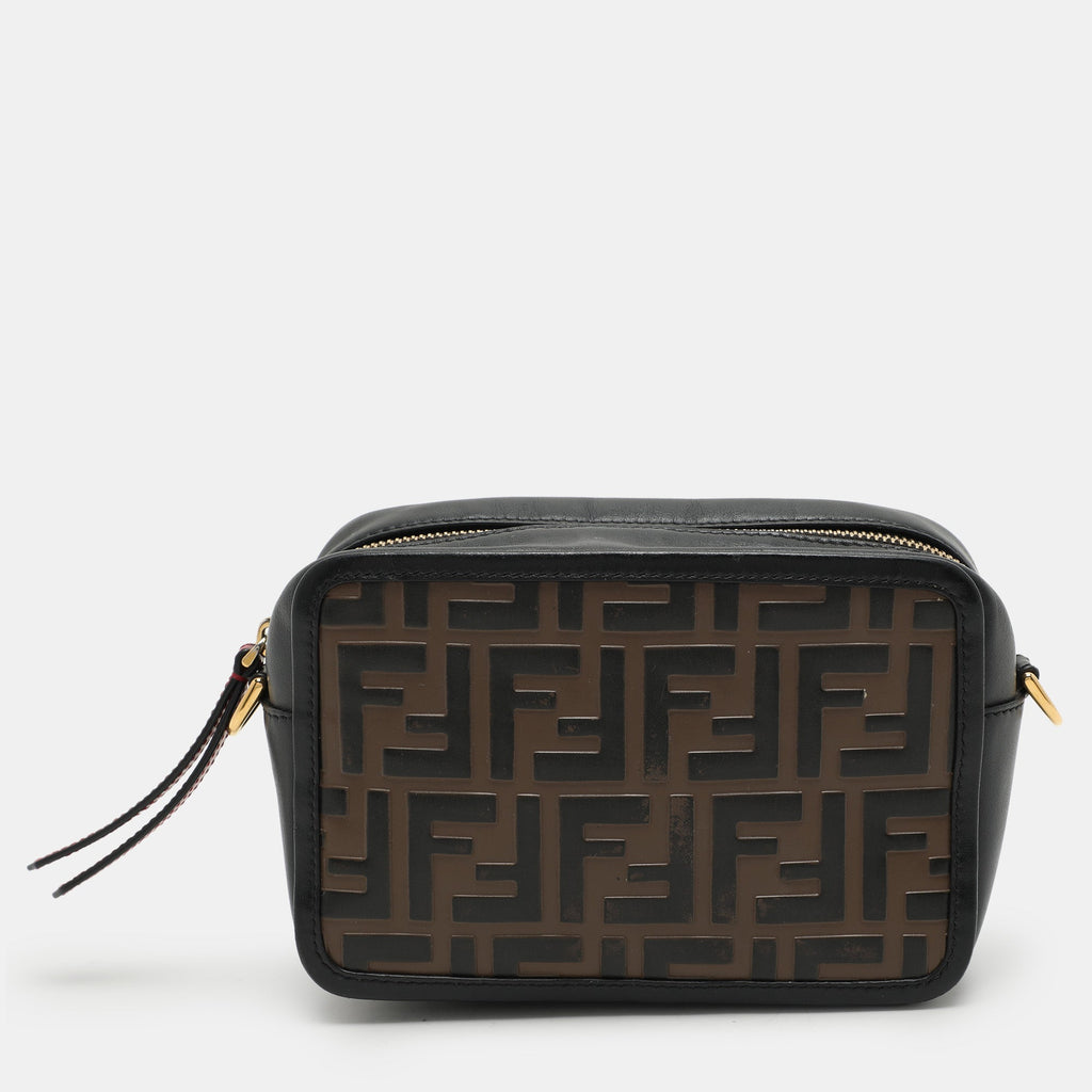 Fendi Black/brown Ff Embossed Leather Mini Camera Crossbody Bag