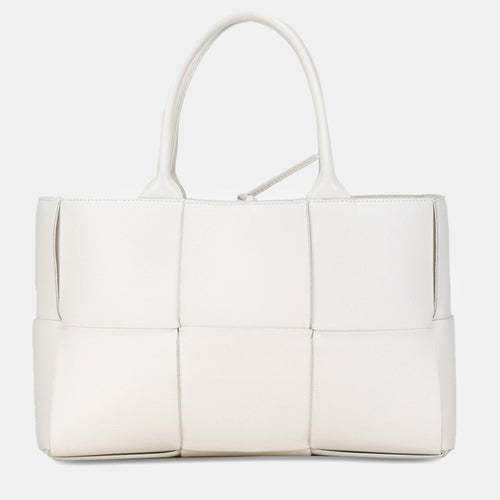 Bottega Veneta White Leather Small Maxi Intrecciato Arco Tote Bag