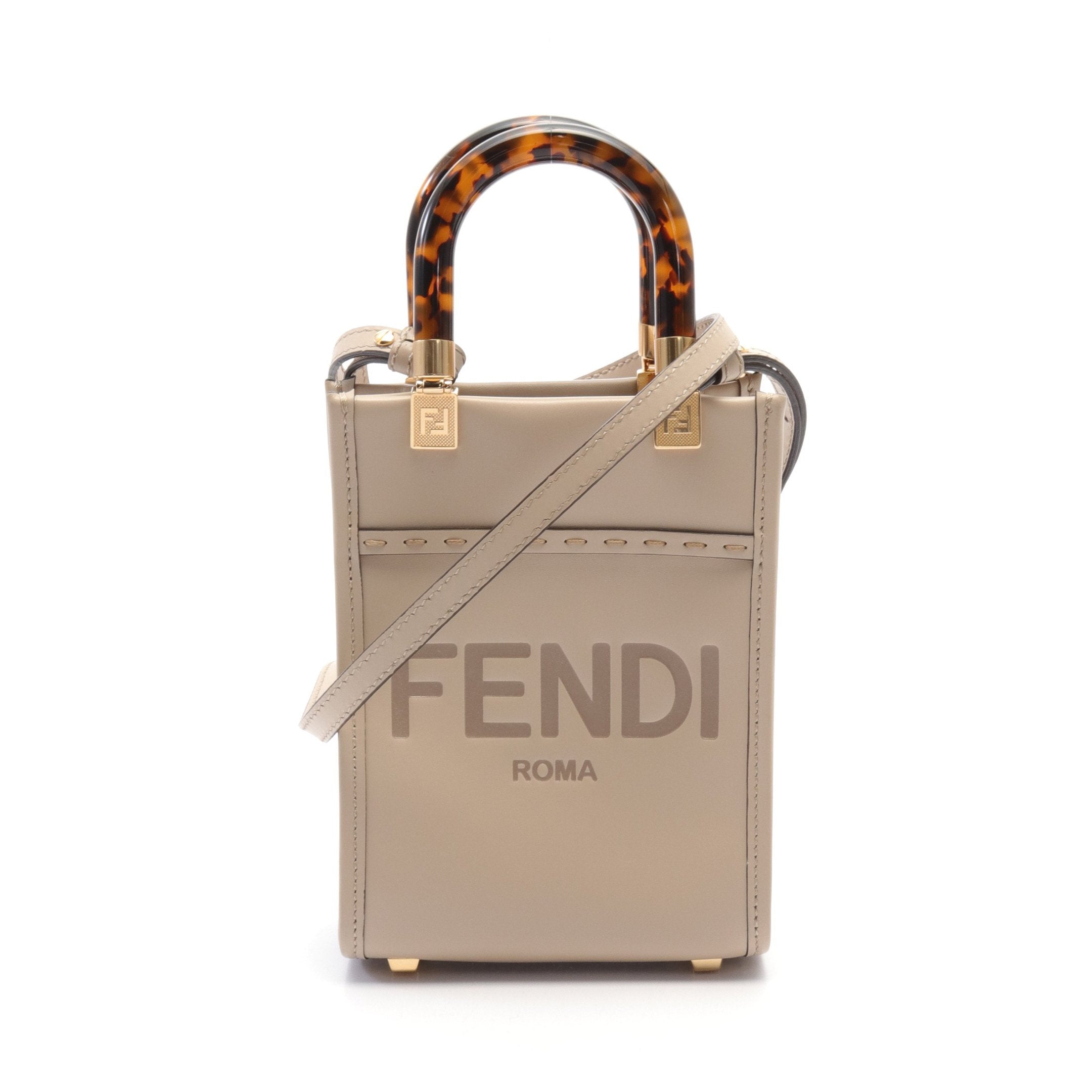FENDI Sunshine Shopper Mini Handbag Leather Beige 2WAY