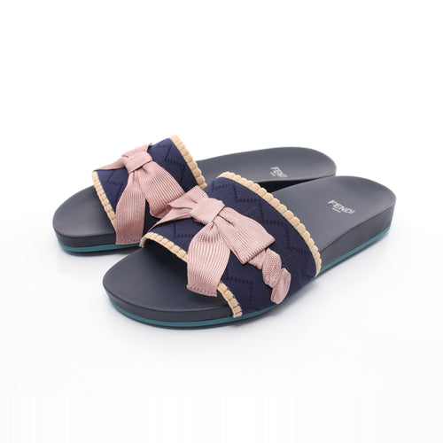 FENDI Slide sandals Fabric Navy Pink Beige Ribbon