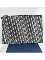 Oblique Jacquard A4 Pouch Clutch Bag Beige Black Dior