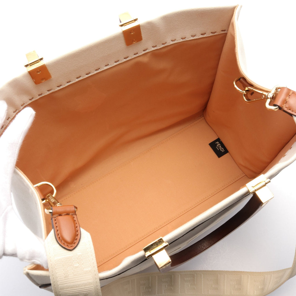FENDI SUNSHINE MEDIUM Sunshine Medium Handbag Tote bag Canvas Leather Ivory Brown 2WAY