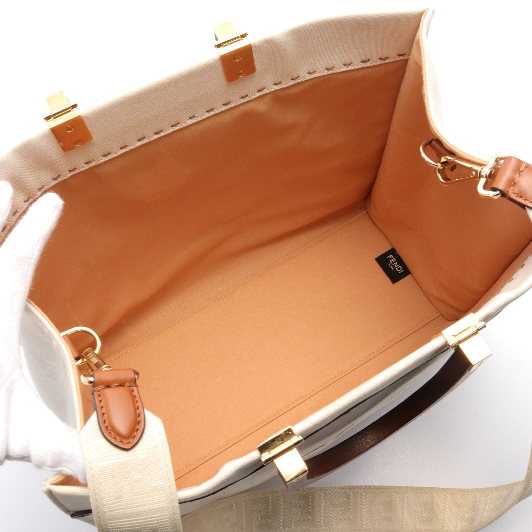 FENDI SUNSHINE MEDIUM Sunshine Medium Handbag Tote bag Canvas Leather Ivory Brown 2WAY