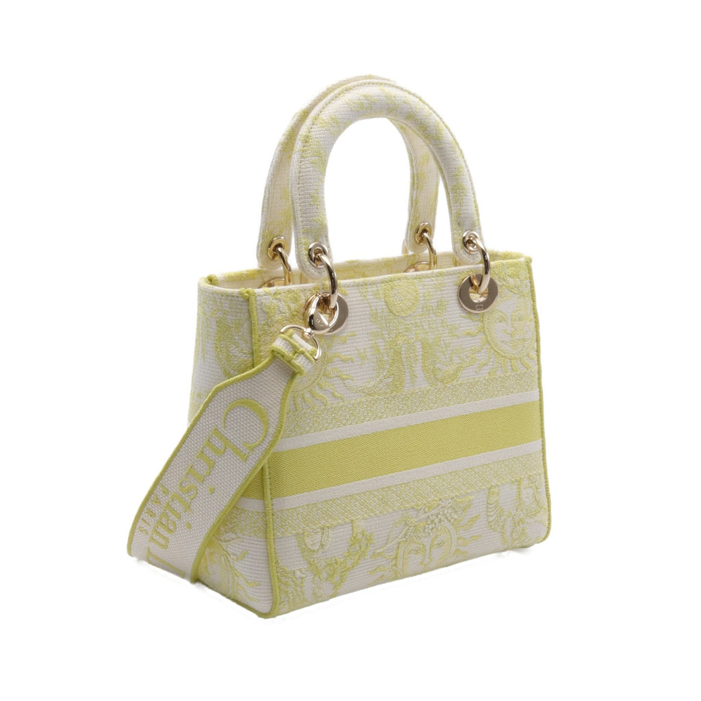 Dior LADY D-LITE Medium Handbag Canvas Yellow White 2WAY