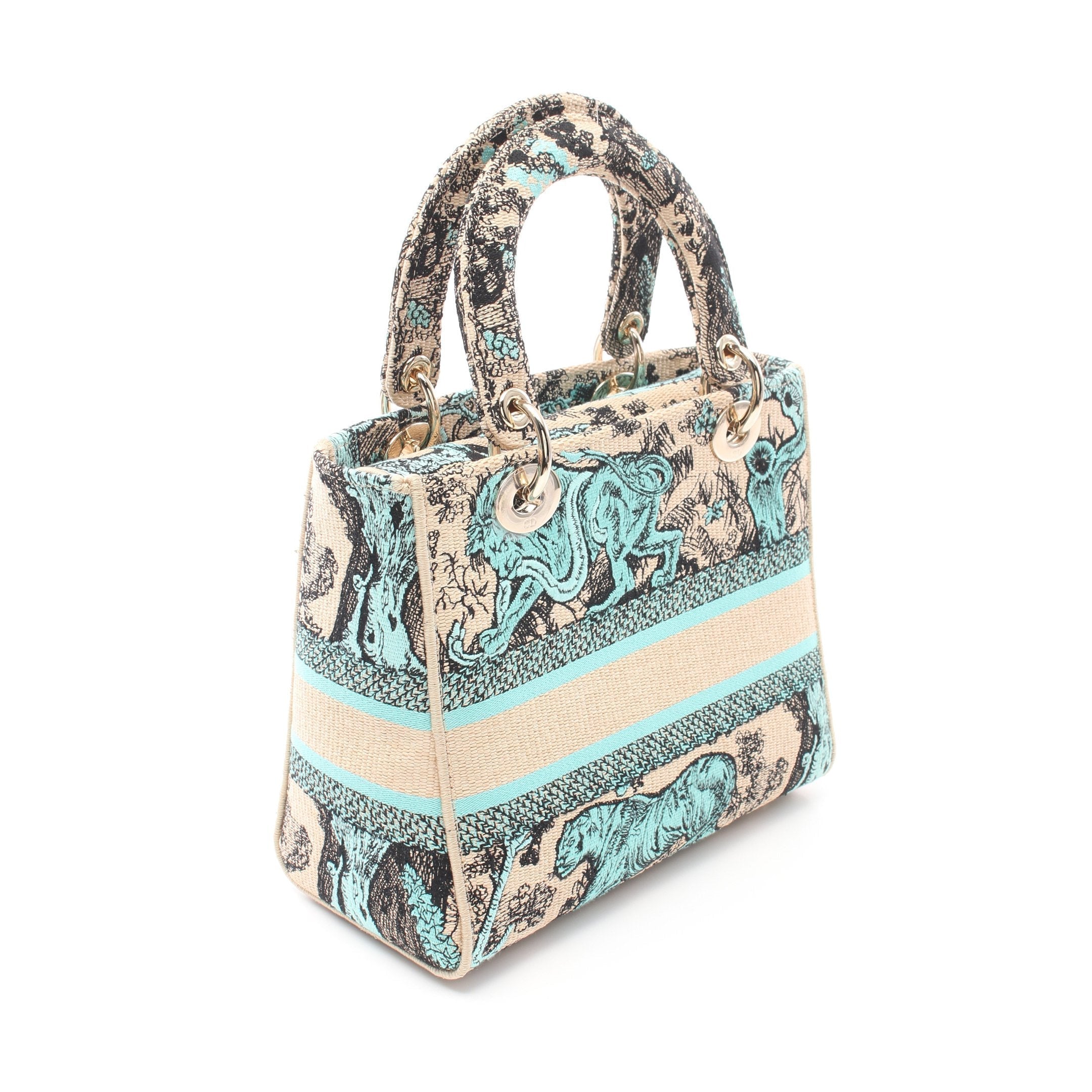 Dior LADY D-LITE Medium Handbag Canvas Beige Turquoise blue Black 2WAY