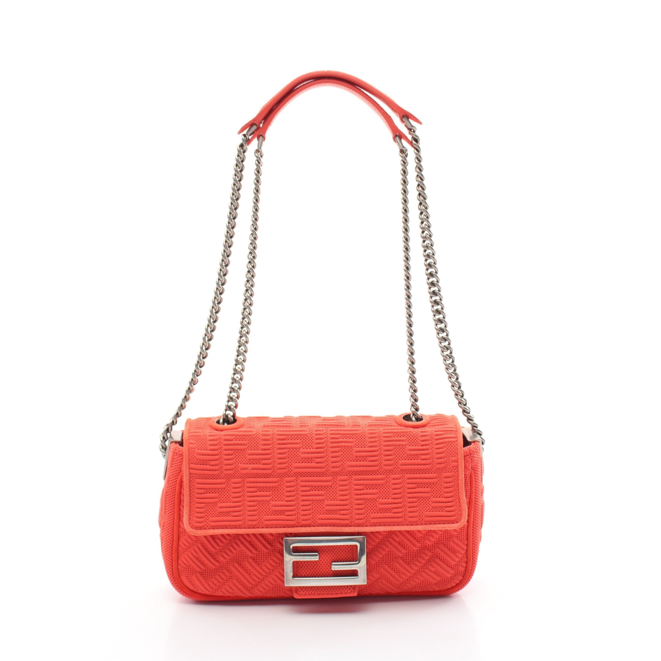 FENDI Bucket Chain Midi Zucca W chain shoulder bag Fabric Suede Orange red