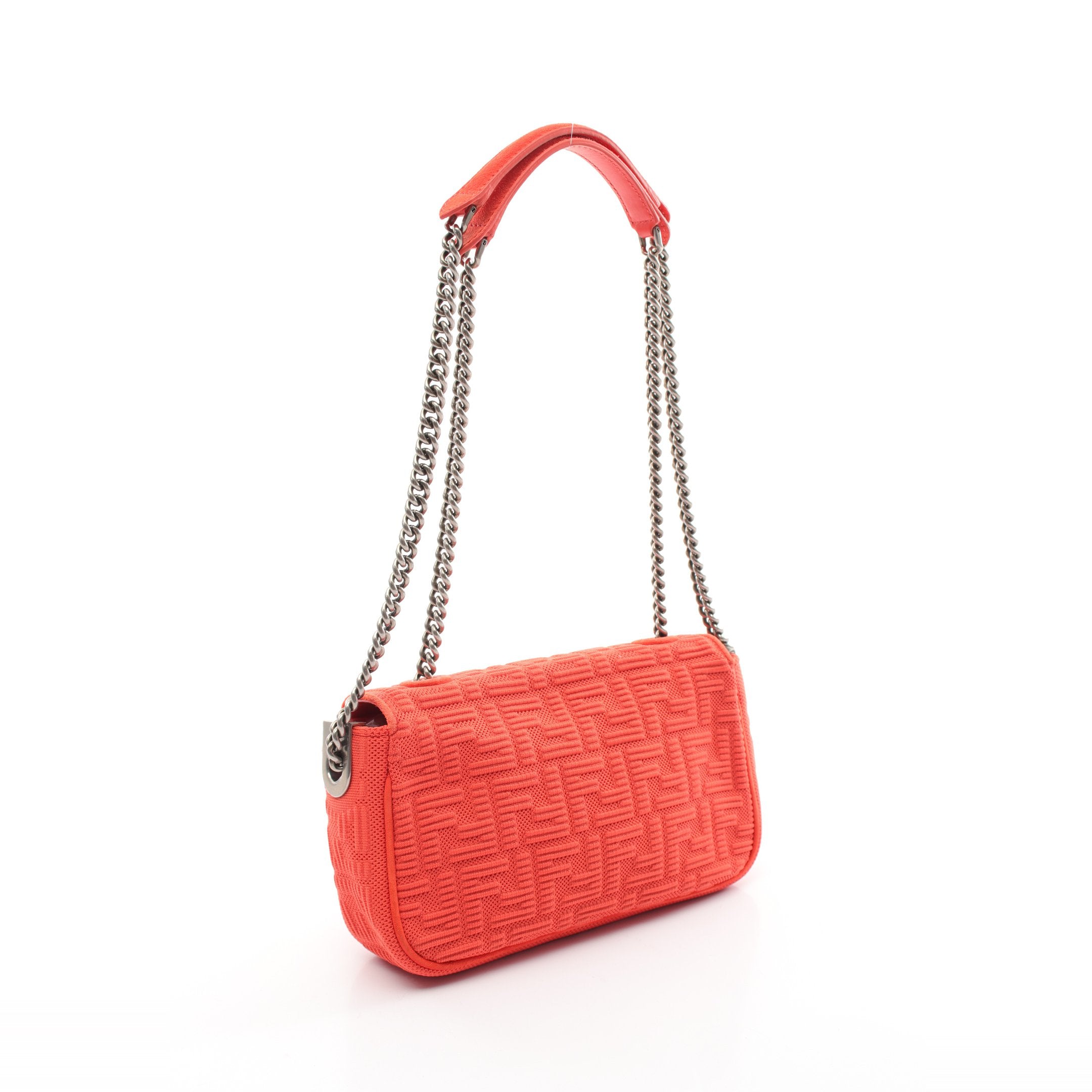 FENDI Bucket Chain Midi Zucca W chain shoulder bag Fabric Suede Orange red