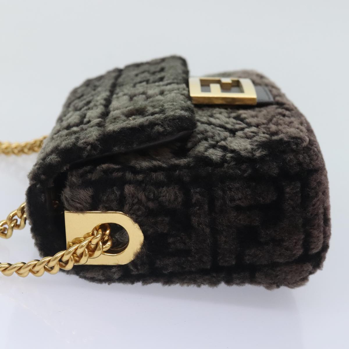 FENDI Zucca Canvas Chain Mamma Baguette Shoulder Bag Brown Gold93830S