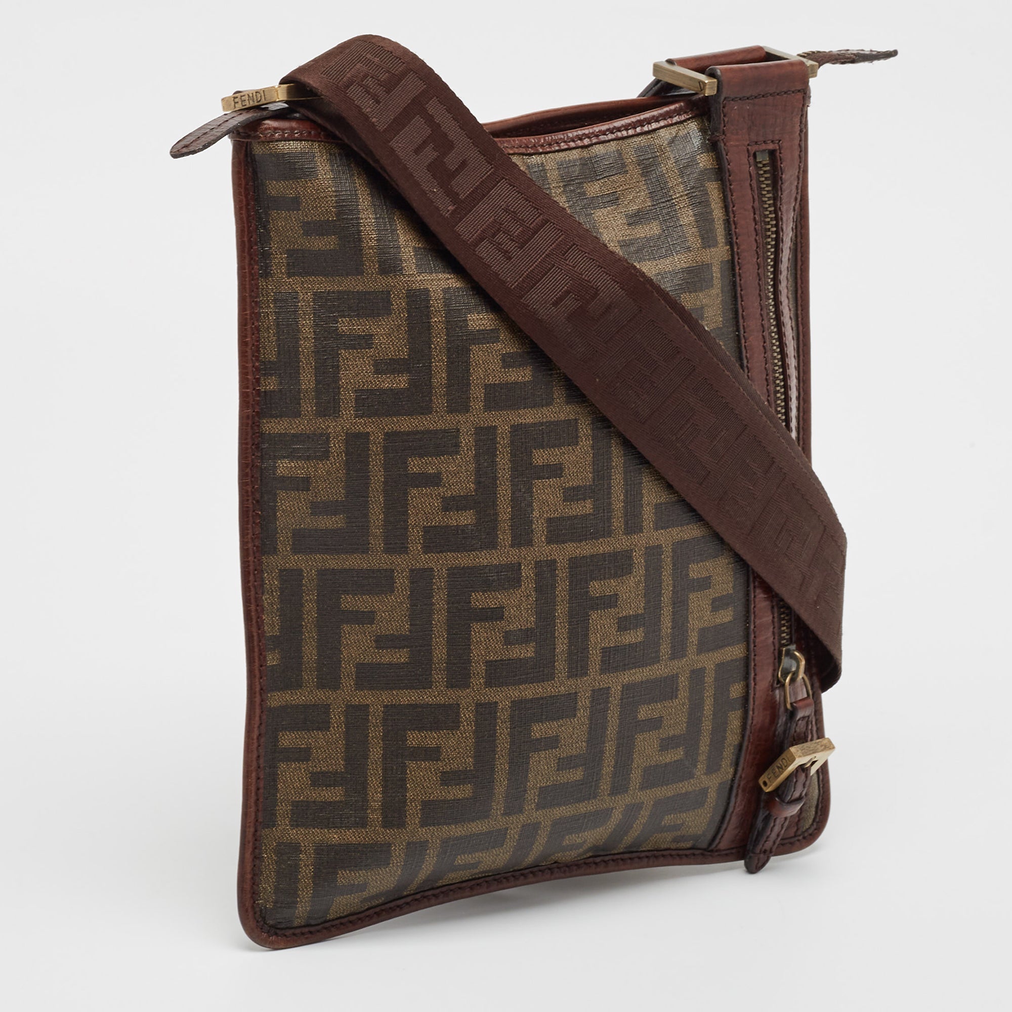 Fendi Zucca Coated Canvas And Leather Flat Messenger Bag