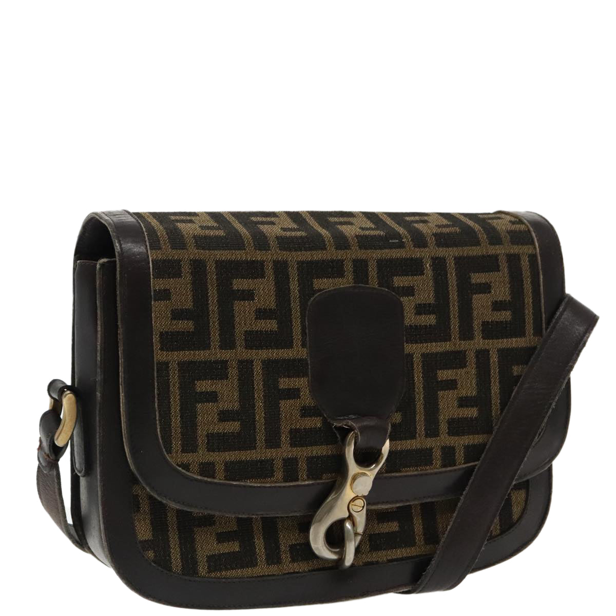 FENDI Zucca Canvas Shoulder Bag Brown Black gold94691