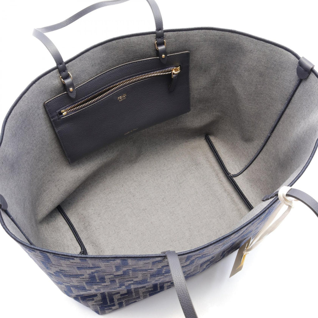 FENDI Roll Large FF Chenille Handbag Tote bag Leather Denim Chenille Blue Gray