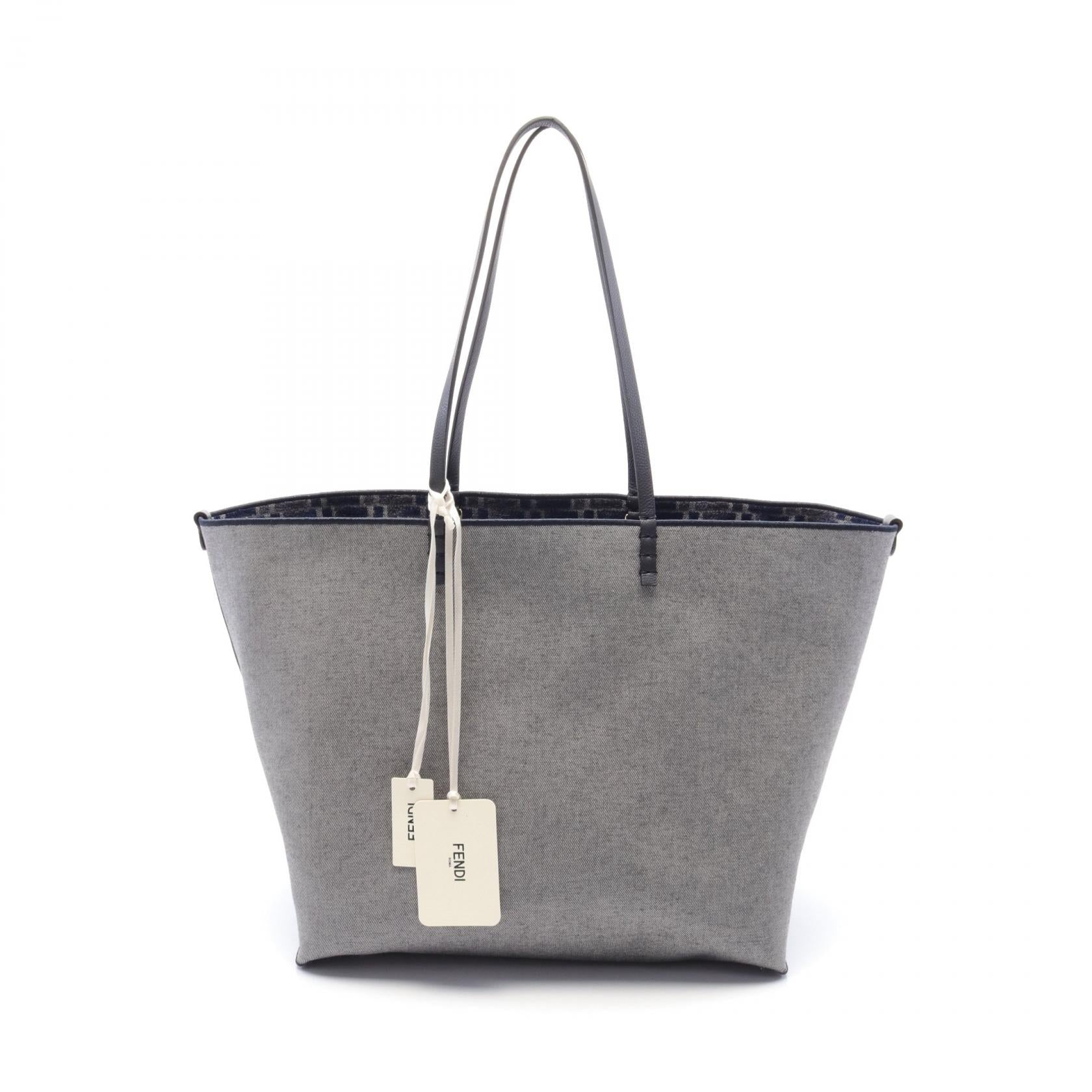 FENDI Roll Large FF Chenille Handbag Tote bag Leather Denim Chenille Blue Gray