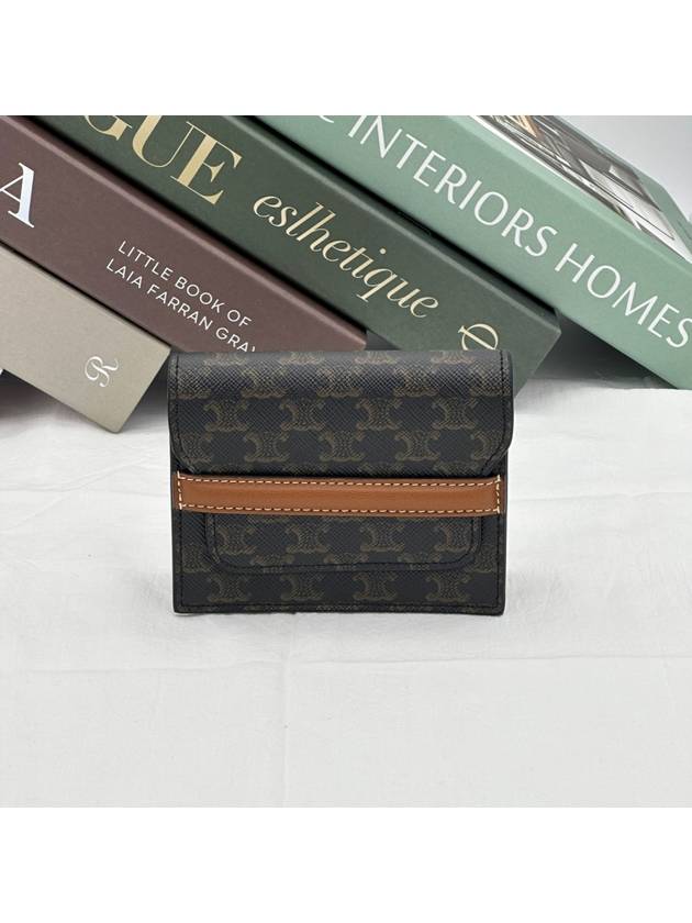 CELINE Triomphe Canvas Strap Business Card Half Wallet Tan
