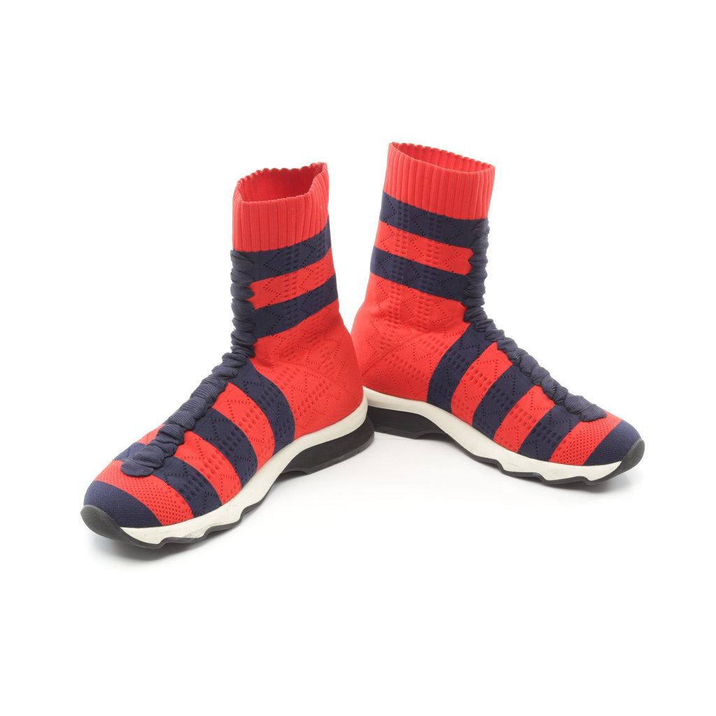 FENDI Sock sneakers Lace up High cut sneakers Stripes Fabric Red Navy