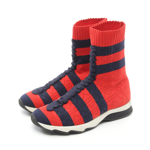 FENDI Sock sneakers Lace up High cut sneakers Stripes Fabric Red Navy