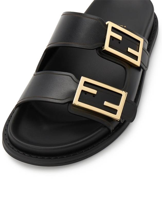 Fendi Women's FF Leather Fill Flat Sandals Slippers Black
