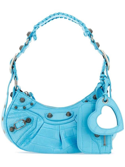 Balenciaga Le Cagole XS  Crocodile Embossed Shoulder Bag Blue Sky