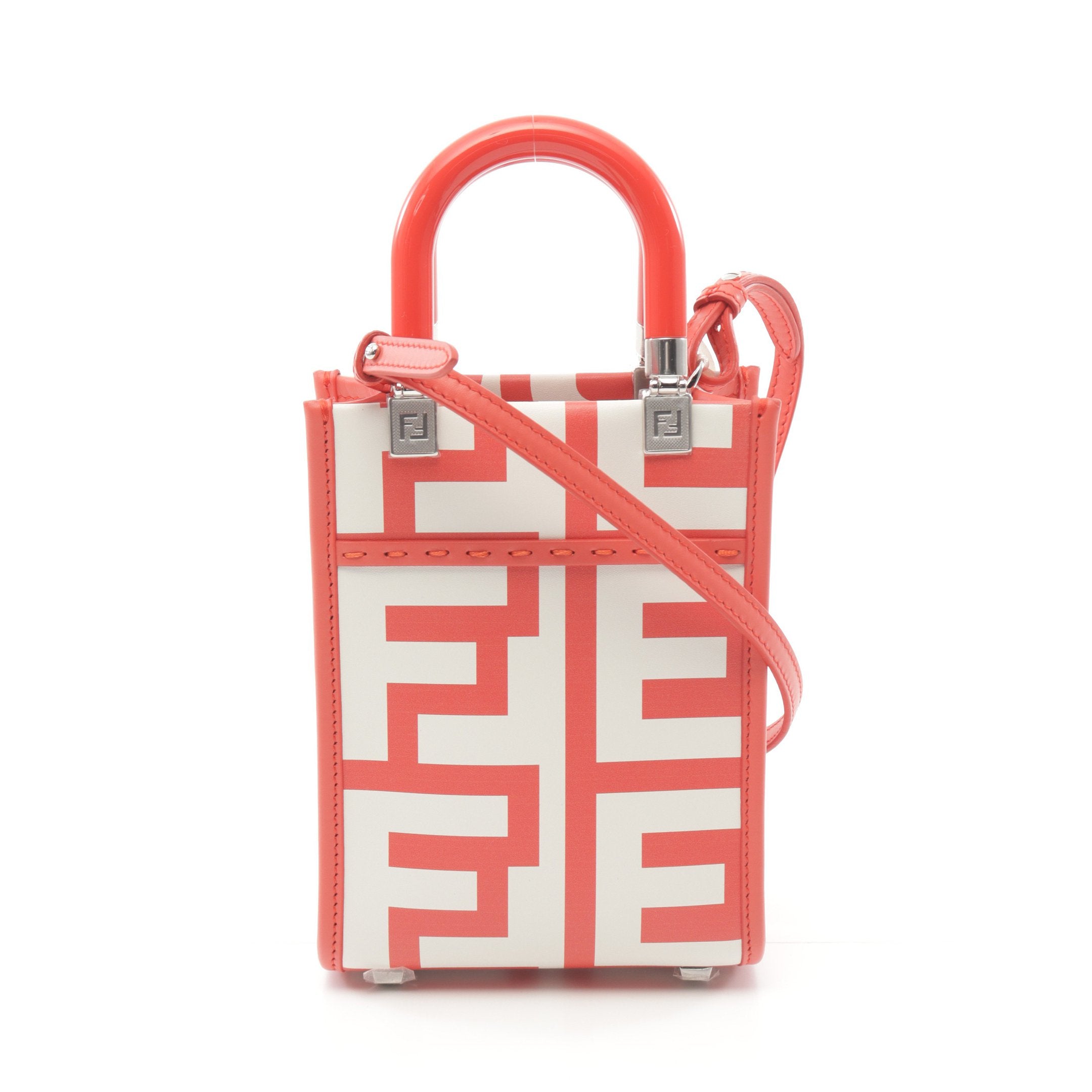 FENDI Sunshine Shopper Mini Handbag Leather Red Off white 2WAY