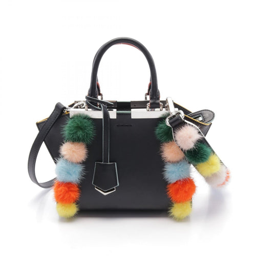 FENDI Mini Troisours Multicolored fur pom-poms Handbag Leather Black Multicolor