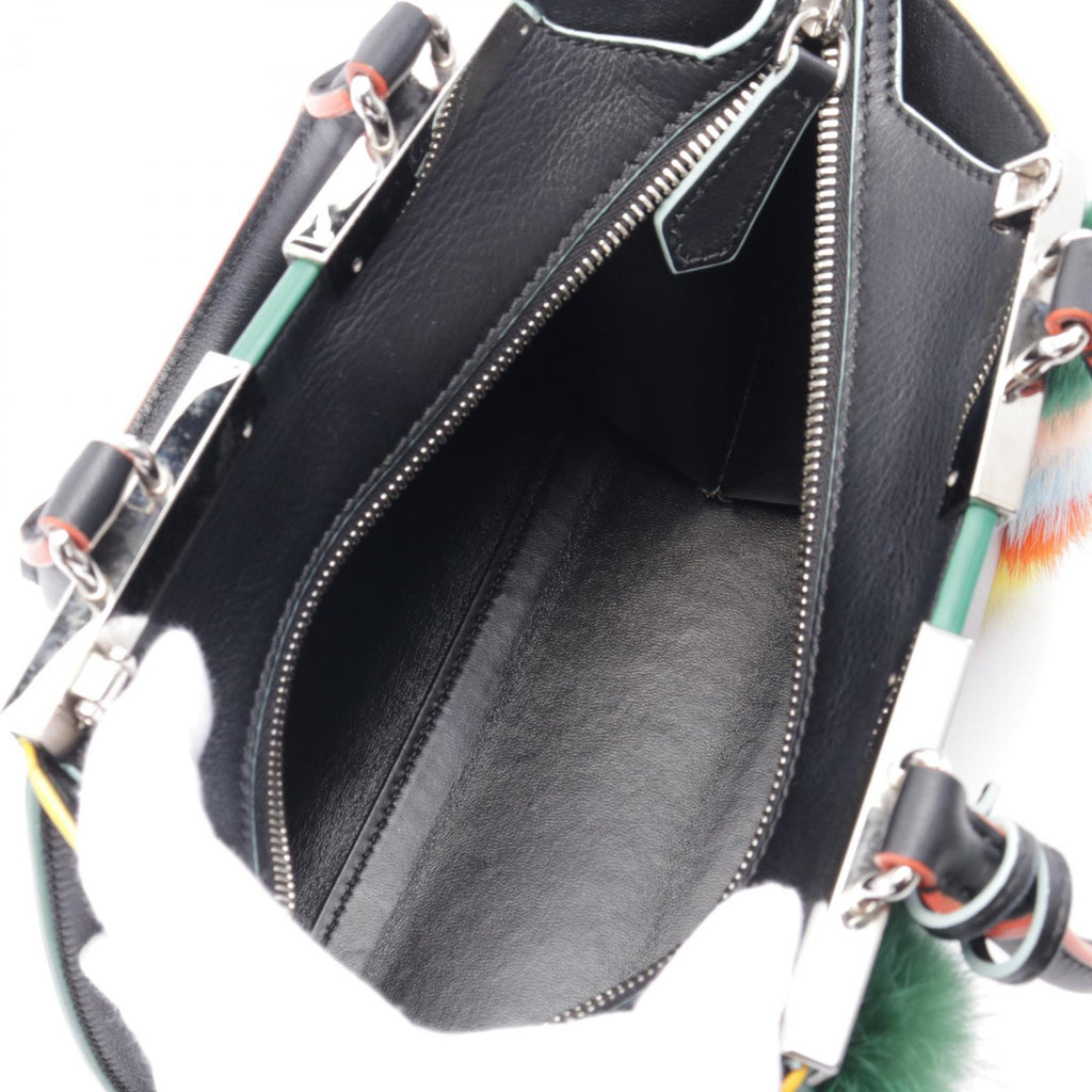 FENDI Mini Troisours Multicolored fur pom-poms Handbag Leather Black Multicolor