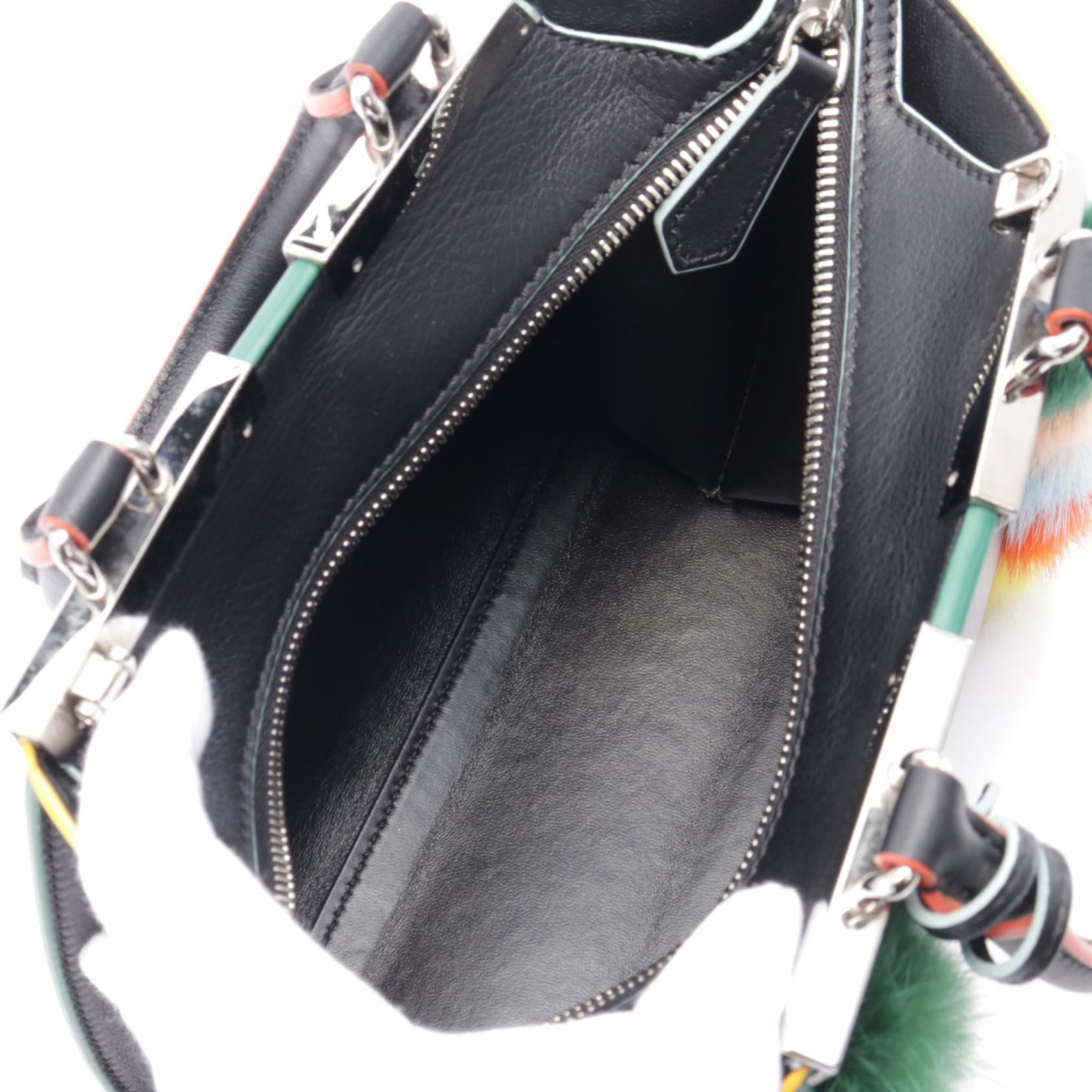 FENDI Mini Troisours Multicolored fur pom-poms Handbag Leather Black Multicolor