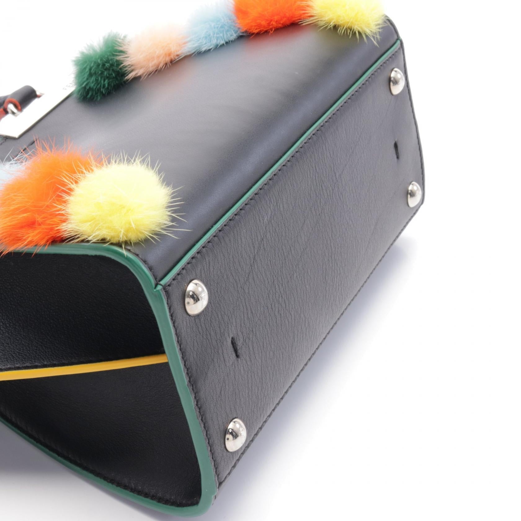 FENDI Mini Troisours Multicolored fur pom-poms Handbag Leather Black Multicolor