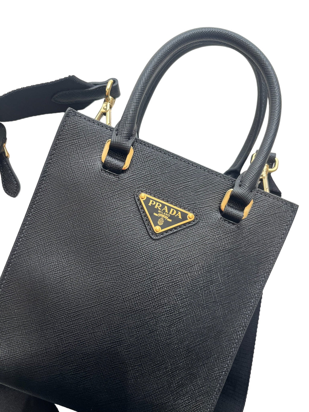 PRADA - Black Saffiano Triangle Logo Mini Crossbody Bag