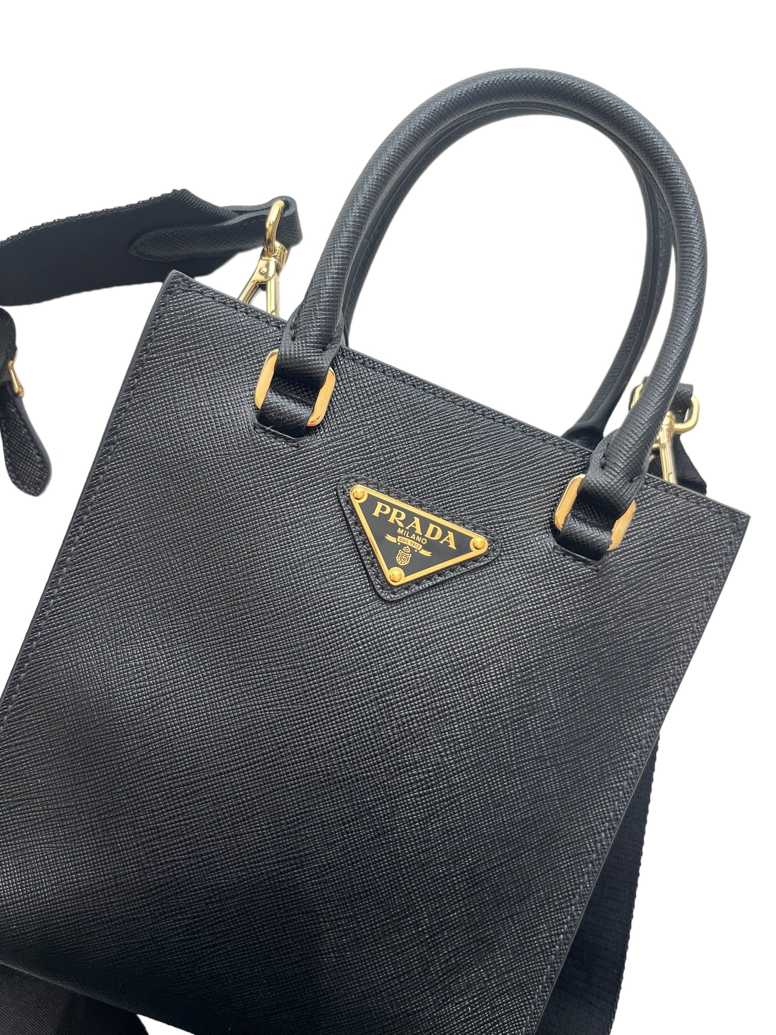 PRADA - Black Saffiano Triangle Logo Mini Crossbody Bag