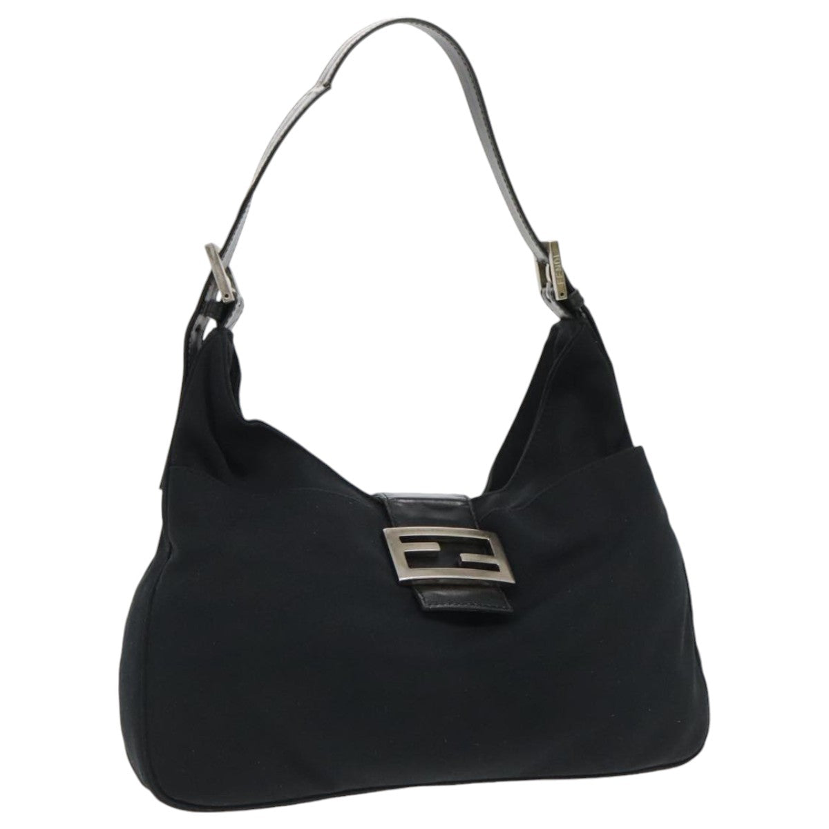 FENDI Mamma Baguette Shoulder Bag Nylon Leather Black Silver95327